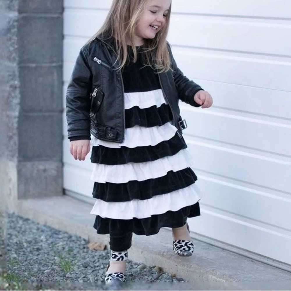 Hanna Andersson Long Sleeve Layered Tiered Ruffle Black White Girls Dress 5 - Picture 10 of 10